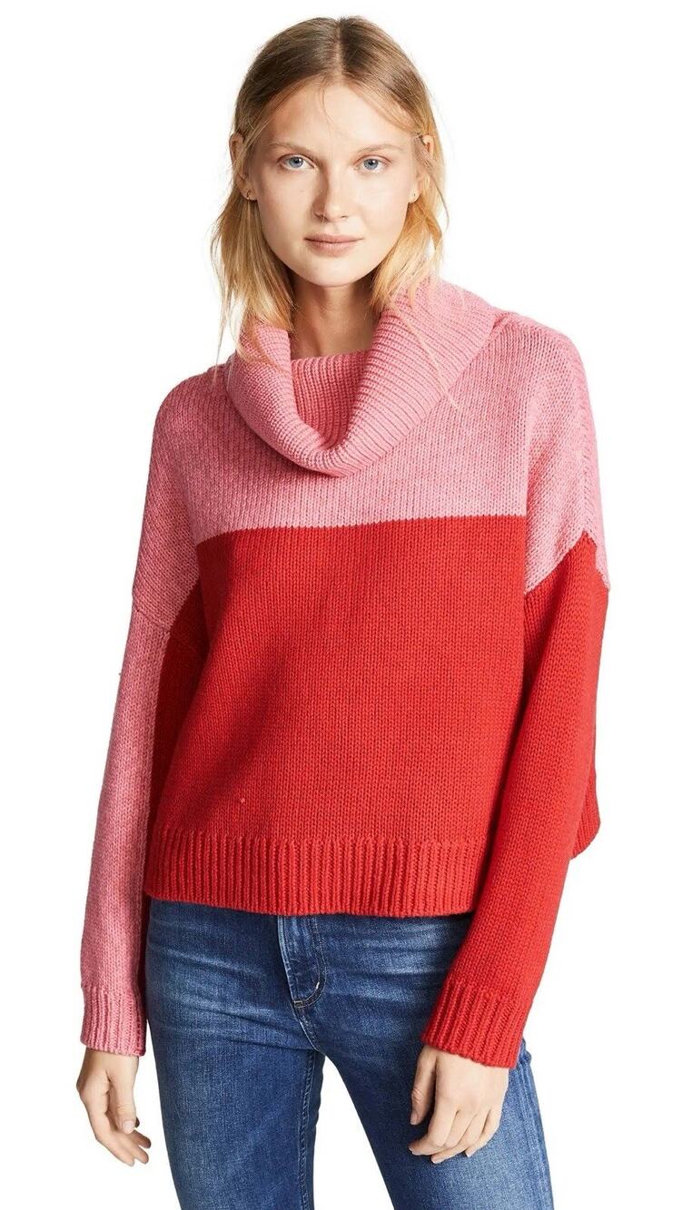 Alice + Olivia Bryant Colorblock Rosecherry Boxy Wool Cowl Neck Sweater Size XS